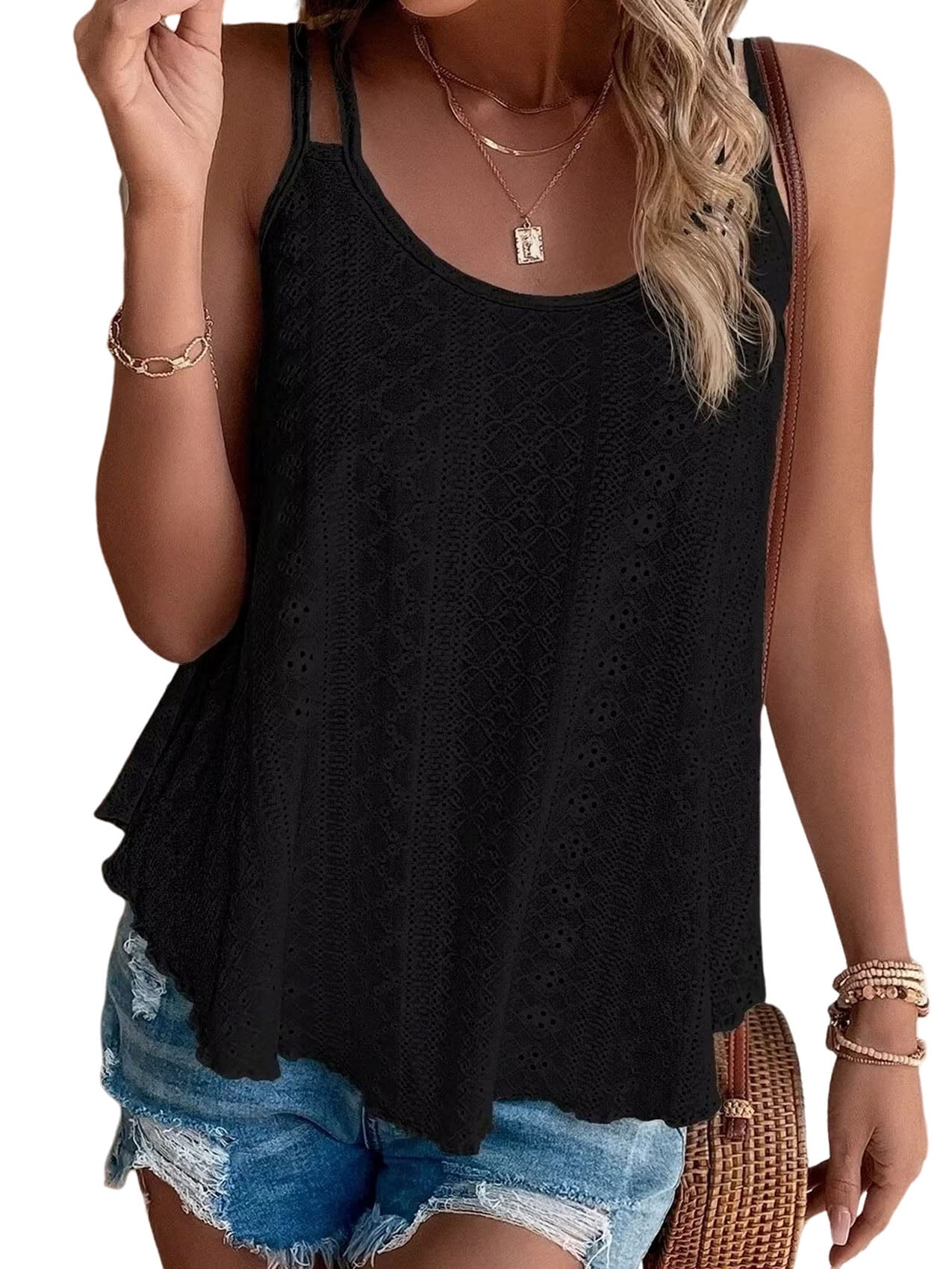 UVN Spaghetti Strap Tank Tops for Women Summer Sleeveless Tops Eyelet Embroidery Flowy Shirts Scoop Neck Loose Cami