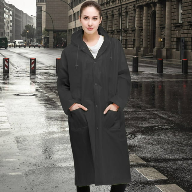 Unisex Fashion Reusable Button Rain Jacket Coat Hooded Raincoat With Pockets For Adults Teens