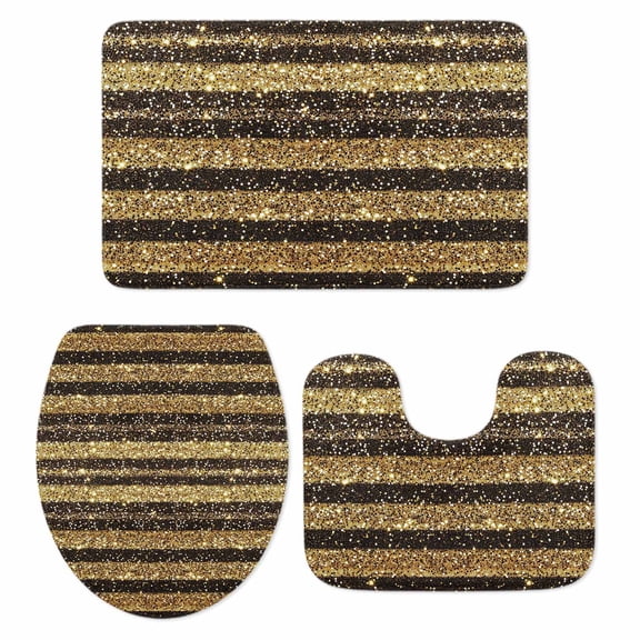 Black Golden Striped Bath Mat 3 Piece Bathroom Rug Set, Luxury Farmhouse Stripes Non Slip Bath Rug Contour Mat and Toilet Lid Cover, Absorbent Shower Mats Soft Bath Rugs and Mats Sets