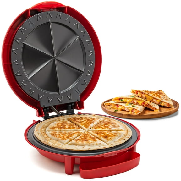 11 Inch Non-Stick Quesadilla Press Machine, 6-Slice Design for Homemade Cheese Tortilla Corn Snacks, Quick 5-Min Cook, Compact Storage, Red