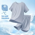 thumbnail image 1 of 2Pcs/Set Men Pajamas Set Round Neck Short Sleeve Tops Elastic Waist Shorts Set Ice Silk Breathable Thin Loungewear Set, 1 of 8