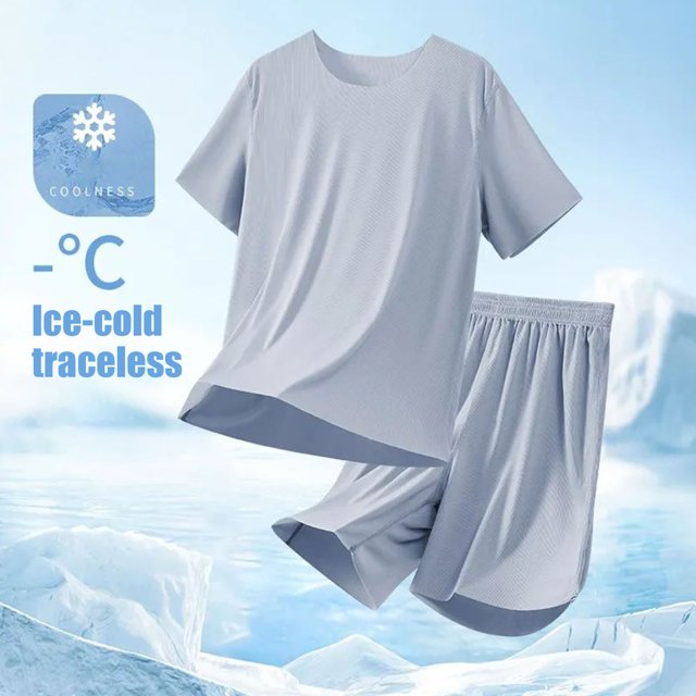 2Pcs/Set Men Pajamas Set Round Neck Short Sleeve Tops Elastic Waist Shorts Set Ice Silk Breathable Thin Loungewear Set