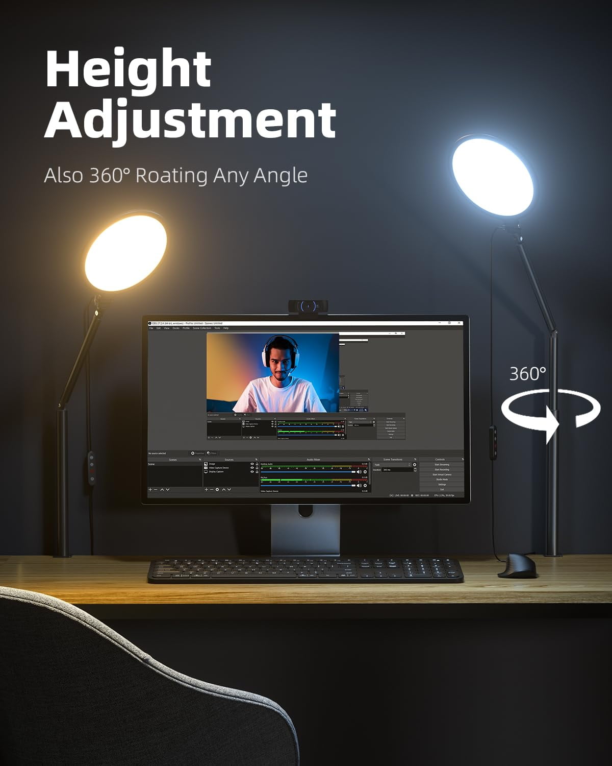10.2" Desk Ring Light With Stand  360° Rotate Lamps For Home Office C-clamp Flexible Height Adjust Arm Podcast Gaming Recording Zoom Lighting