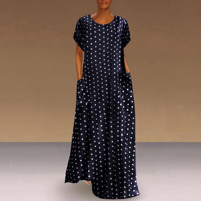 LSLJS Women Plus Size Loose Short Sleeve Holiday Pockets Polka Print Maxi Dresses