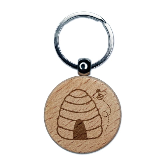 Bee Hive with Bee Round Keychain Charm Tag - Engraved Wood