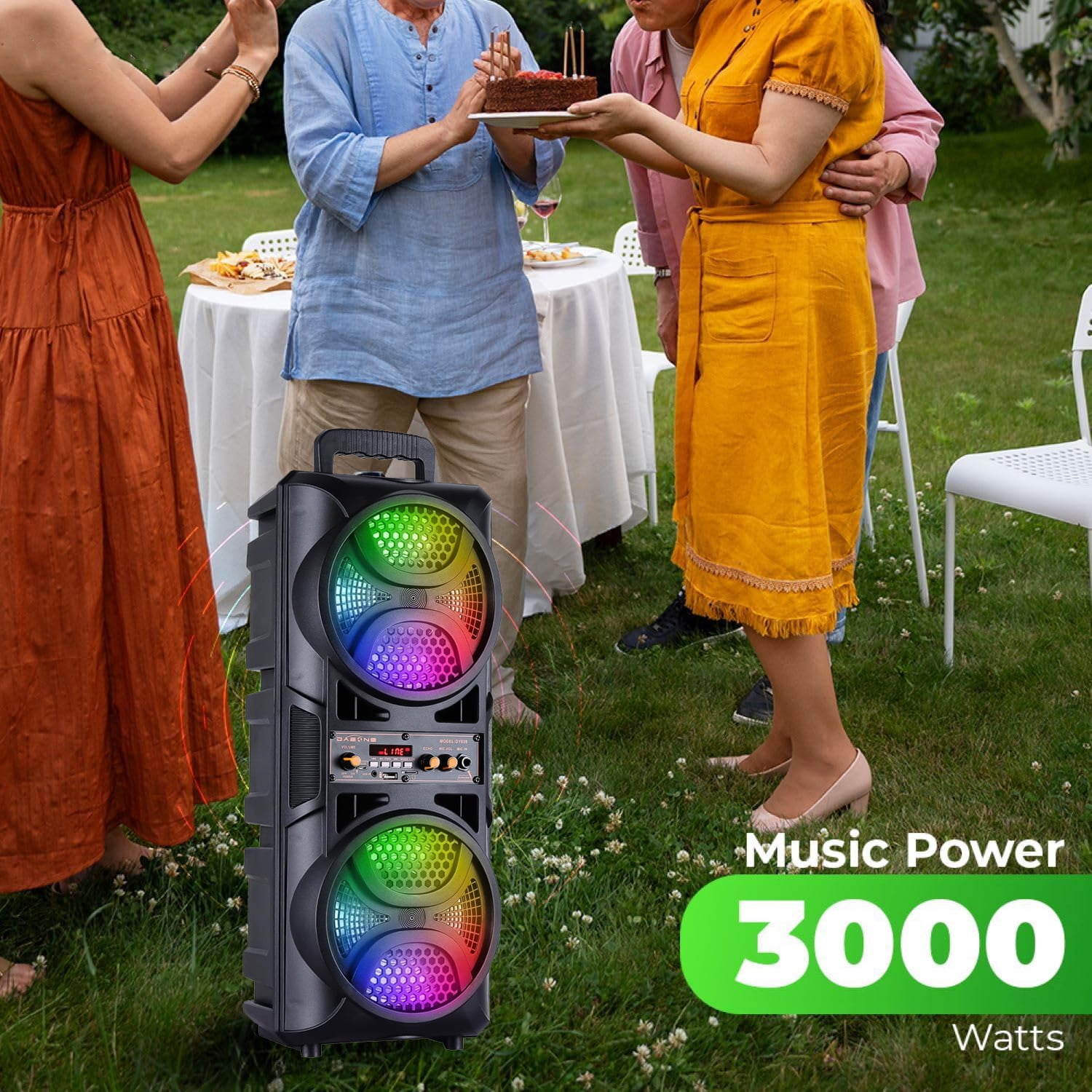 RIDWIND 3000W Peak Power Wireless TWS Portable Loud Party Bluetooth Speaker with Dual 6.5" Woofer LED Colorful Lights Microphone Remote Control Support FM/TF/USB/AUX