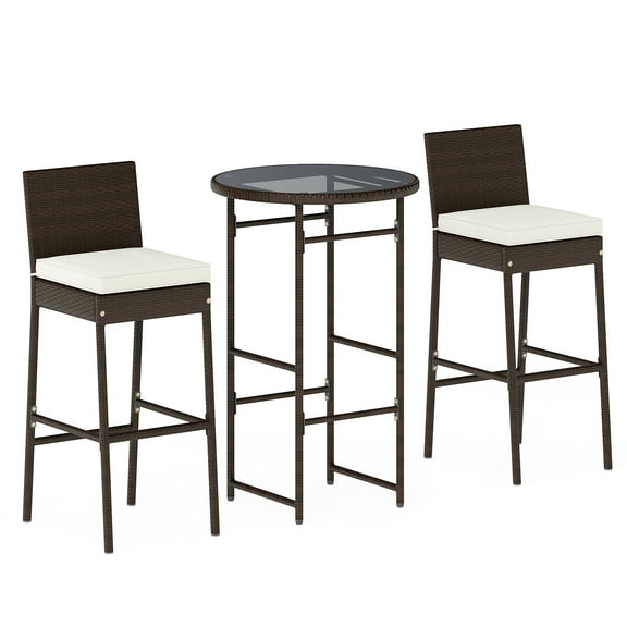 Gymax Set of 3 Outdoor Bar Set Patio Rattan Bar Height Table & Chairs w/ Glass Tabletop Mix Brown