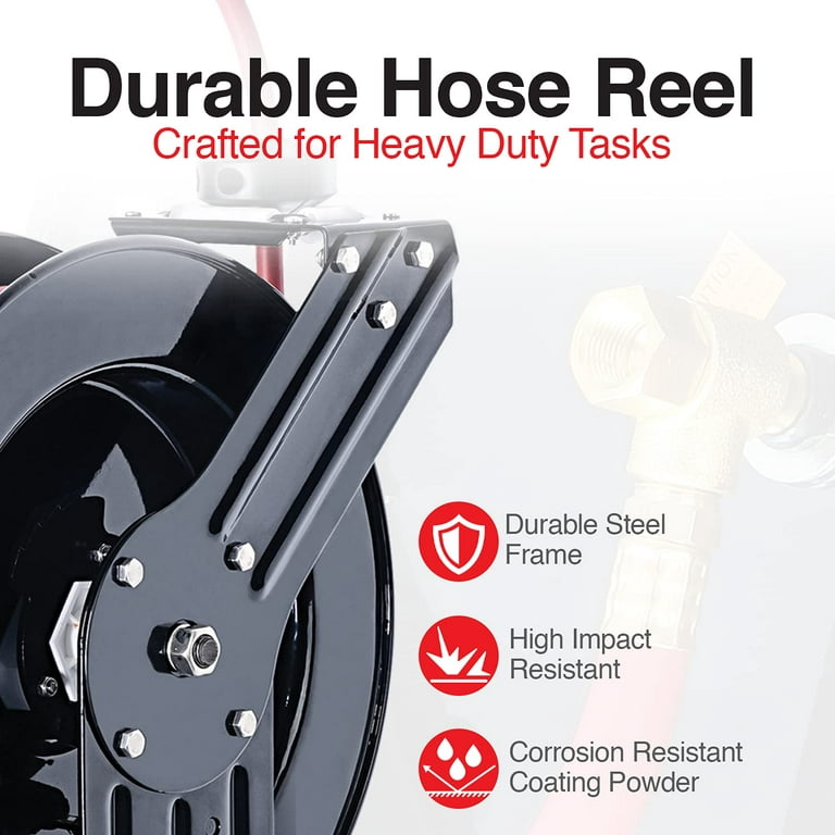 ReelWorks Retractable Air Hose Reel - 3/8 x 50' Ft, Max 300 PSI,  Industrial Construction 