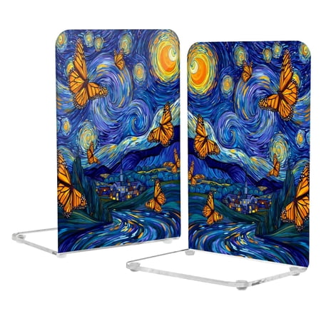 2Pack Acrylic Bookends Clear L-Shaped Book Holders with Non-Slip Pads Sturdy Durable Book Stoppers for Shelves Office School Library Home Desk Decor Starry Monarch Butterflies