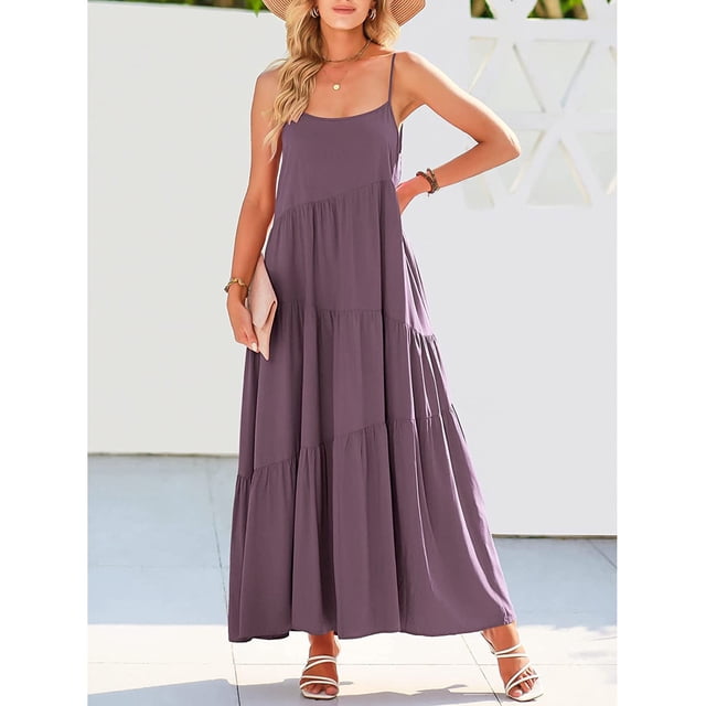 EGNMCR Robes de Vacances pour Femmes Robe d'Été Décontractée Ample pour Femmes à Bretelles Plage Longue Maxi Robes d'Été pour Femmes