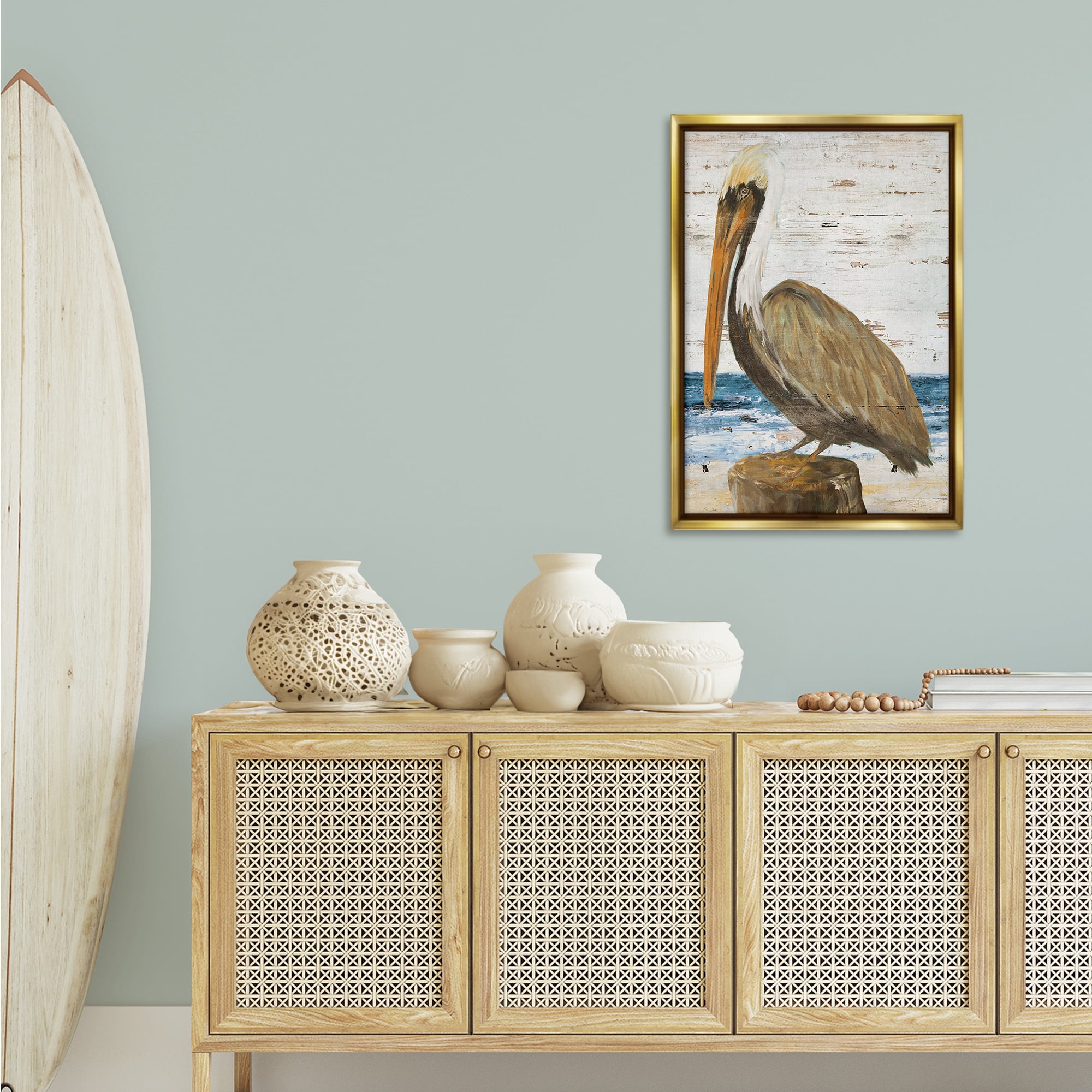 Stupell Industries Rustic Ocean Pelican Animals & Insects Painting Gold Floater Framed Canvas Art Print Wall Art, 21 x 31