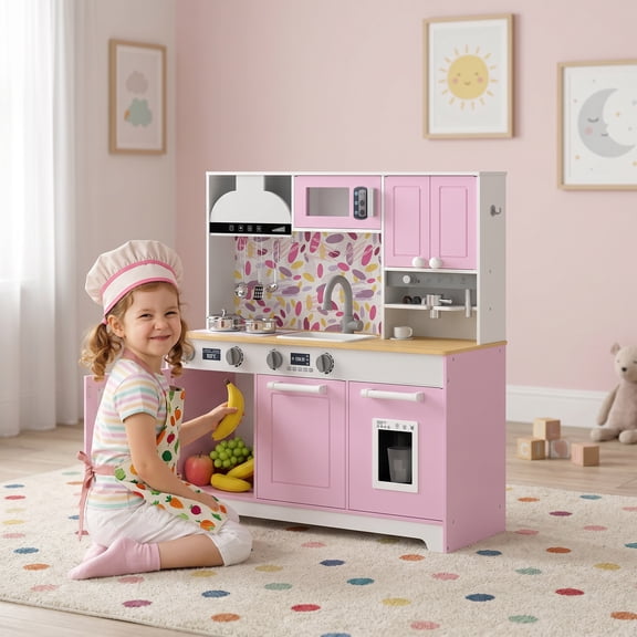 Qaba Play Kitchen, Kids Kitchen Playset with Sink, Stove, Coffee Maker, Ice Maker, Oven, Clicking Knobs, Storage, Kitchen Accessories for 3-8 Years