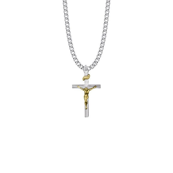 Singer 1-1/8 Inch Two-Tone Sterling Silver Starburst Crucifix Necklace
