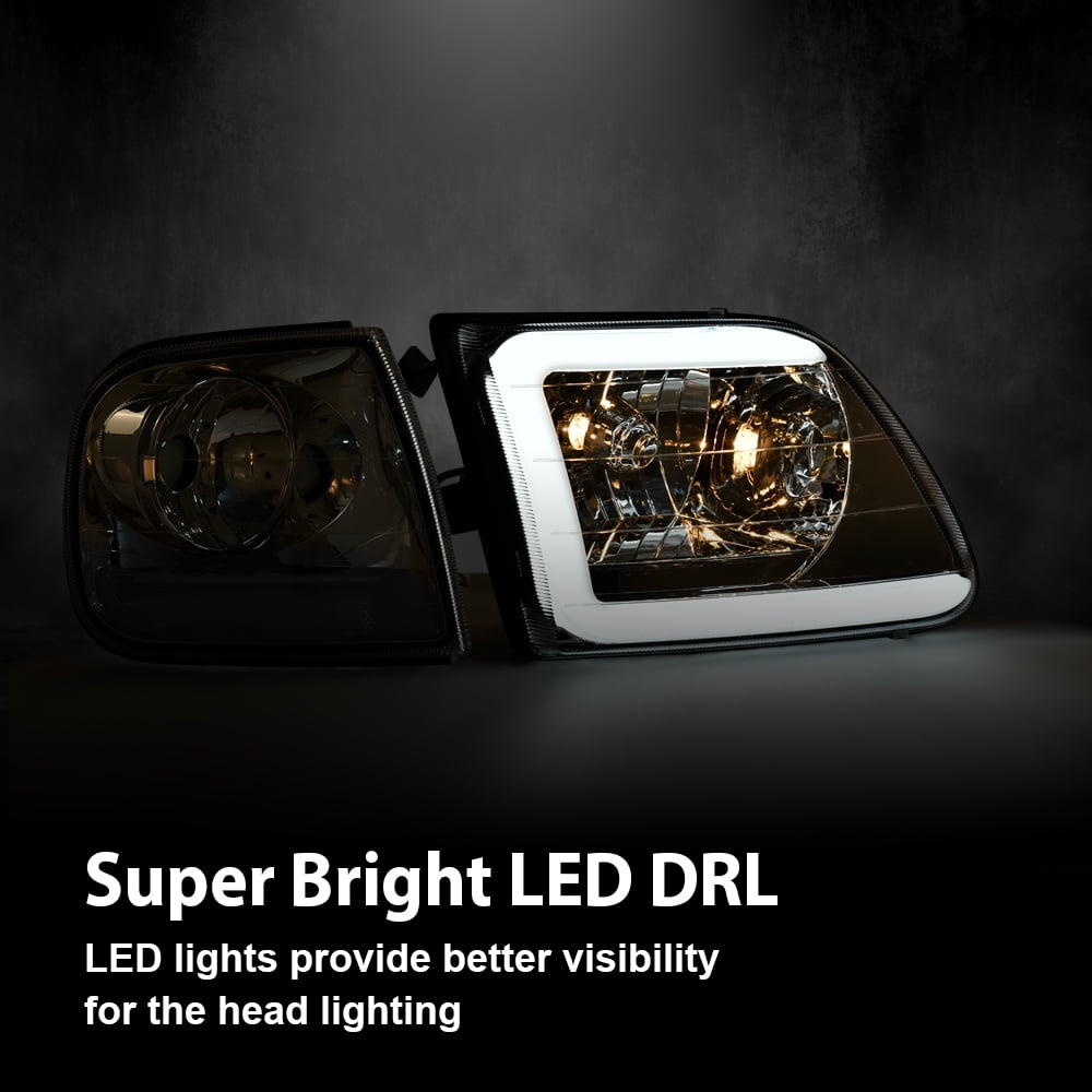 PIT66 Fit For 1997-2004 Ford F150 C STYLE LED Strip Headlights Headlamps Clear/Chrome