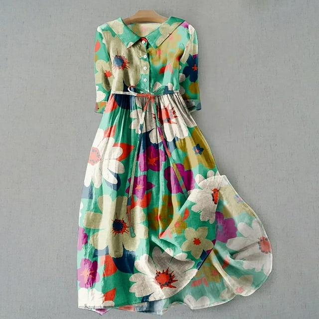 Fartey Robes Boho pour Femmes Midi Mode Imprimé Floral Manches 3/4 Robe Décontractée Été Respirante Fluide Coton Lin Robe de Plage Ample Confortable Col à Revers Taille à Cordon