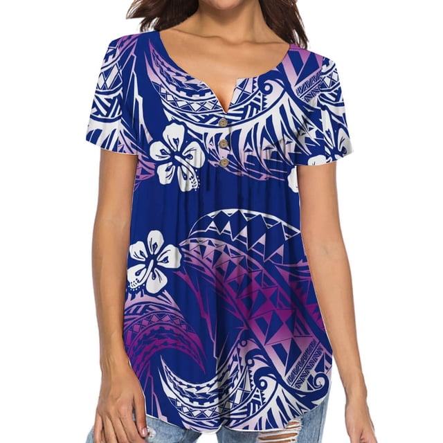 Blusa informal con estampado de botones y cuello en V de manga corta a la moda para mujer Pompotops qwe23175