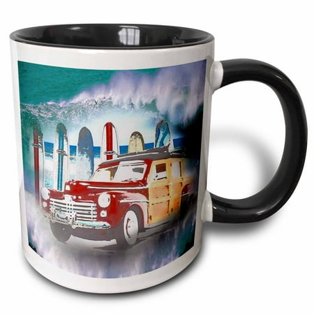 3dRose Classic Woody Car and big wave background with surfer a great surfing lover gift - Two Tone Black Mug,