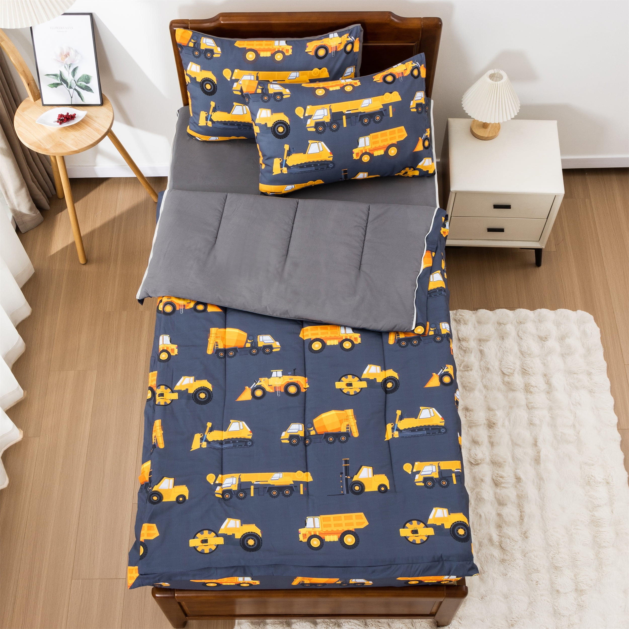 Btargot Gray Car Zipper Twin Comforter Set for Boys Construction Truck Tractor Bedding Set