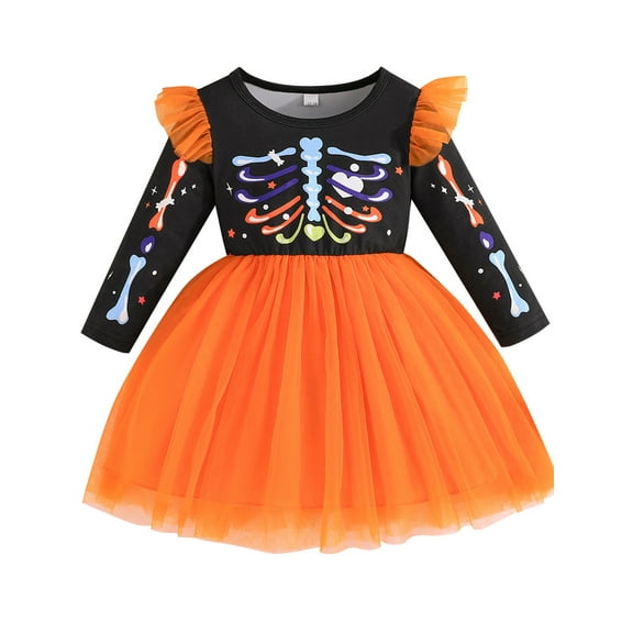 ENFLASH Baby Girls Orange Halloween Skeleton Print Dress - Toddler Girl Irregular Tutu Dresses for Kids 9M-5Y