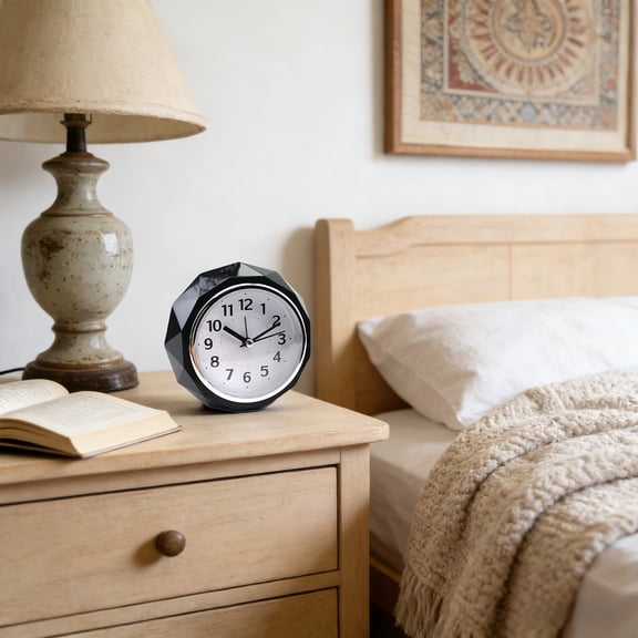 Silent Bedside Alarm Clock with Night Light, Snooze Music Clock, Battery Powered for Office Bedroom Study - Black