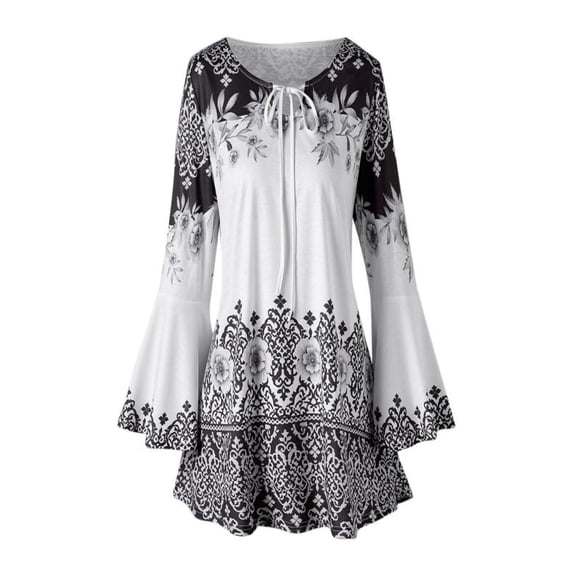 Women's Puff Sleeves Tie Neck Floral Print Pullover Tunic Top Black L