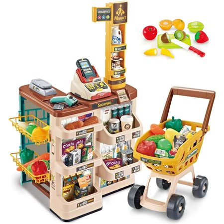 Supermarket Play Set 49 PCS. Multicolor Shopping Cart, Cash Register, Scanner, Balance, Fruits and Vegetables, Boxes, Bottles, Stickers and More.