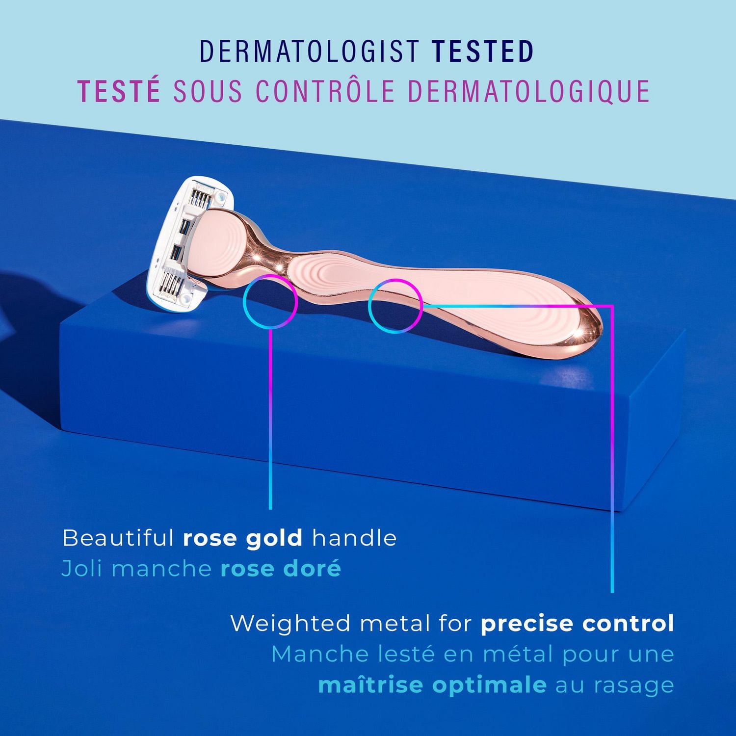 Rasoir pour femmes avec manche en métal rose doré et 2 cartouches de lames de marque Hydro Silk 1 manche 2 cartouches