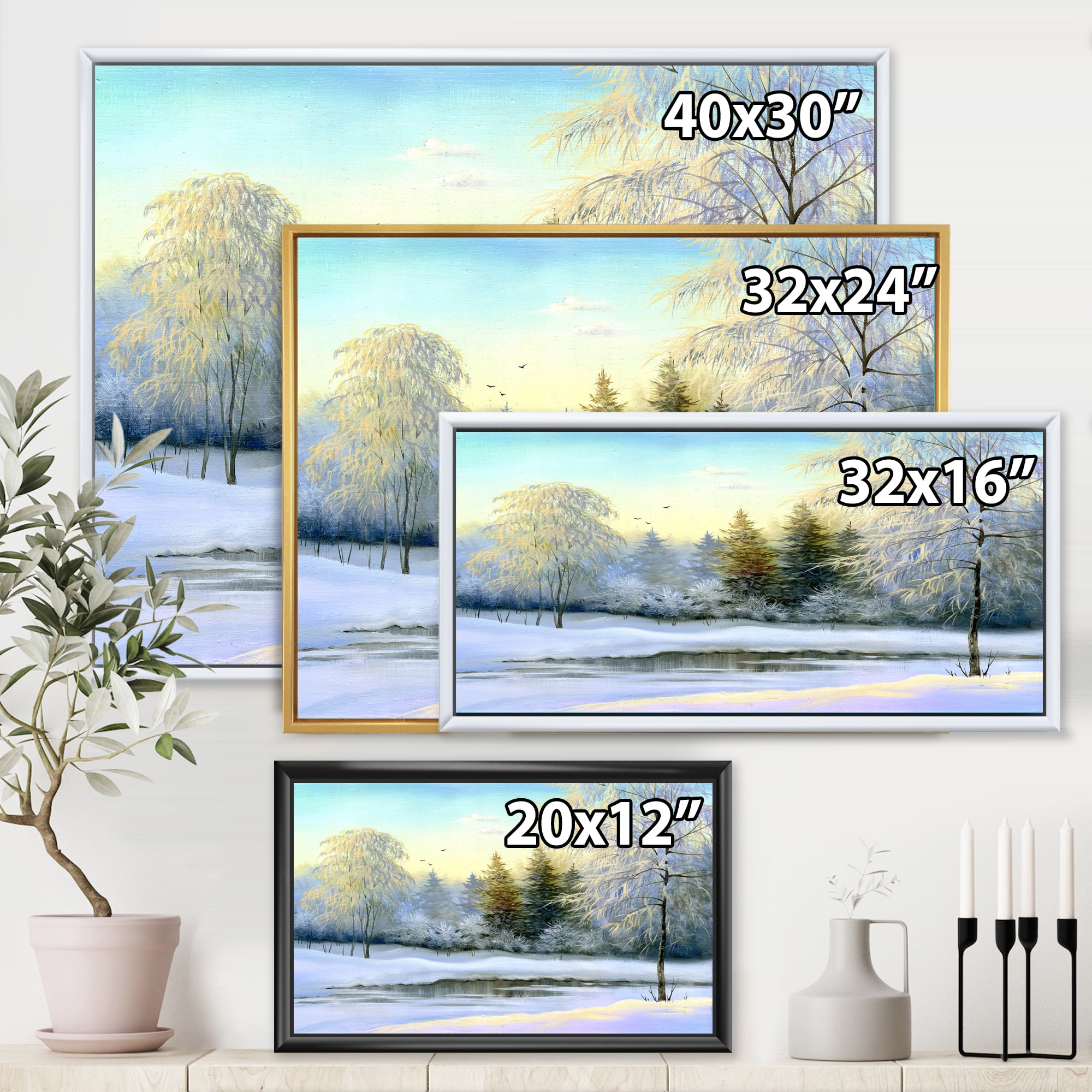 Designart 'Green Trees In Beautiful Winter Snow Landscape' Traditional Framed Canvas Wall Art Print