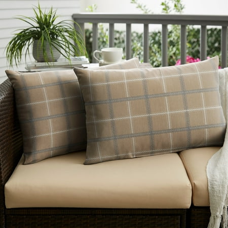 Sunbrella Xl Humble and Haute Sunbrella Tan Tartan Plaid Indoor/ Outdoor XL Lumbar Pillow, Set of 2 - 16 x 26 ()