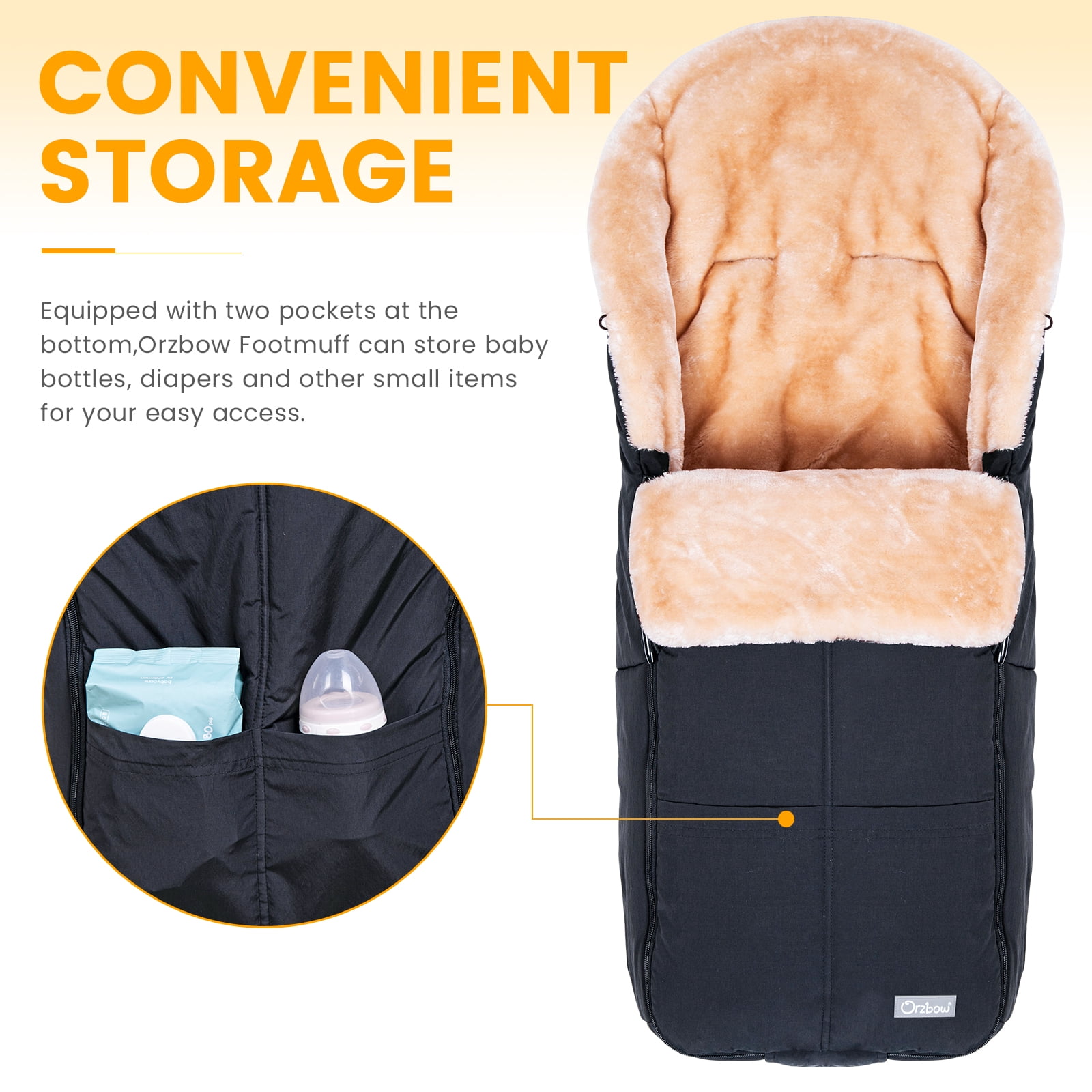 Orzbow Wool Warm Bunting Bag Universal,Suitable below 7 ℃,For Alaska,Stroller Sleeping Bag Cold Weather,Waterproof Toddler Footmuff, Black