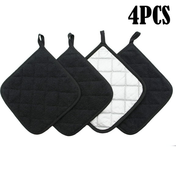 Cotton Pot Holders Cotton Made Machine Washable Heat Resistant Everyday Kitchen Basic Terry Pot Holder, Hot Pads, Trivet for Cooking and Baking Set of 4 (Black)