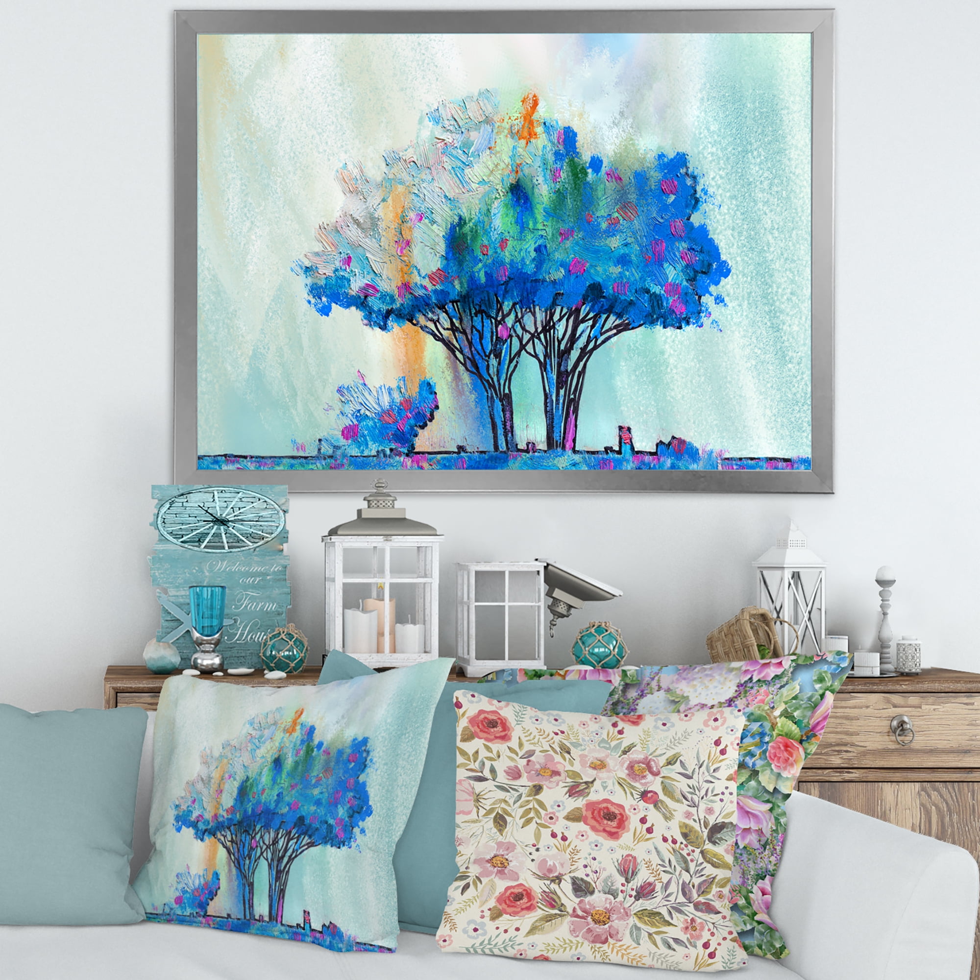 Designart 'Blue Coloured Tree Abstract Impression I' Modern Framed Art Print