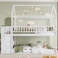 thumbnail image 3 of Bellemave Bunk Bed with Storage Drawers, Twin Over Twin Low Bunk Bed with Shelves, Wood House Floor Bunk Beds with Safety Guardrail and Ladder, Space Saving for Dormitory and Bedroom（White), 3 of 8