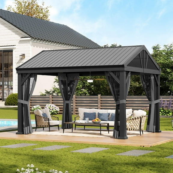 Aoxun 10' X 12' Hardtop Gazebo, Aluminum Outdoor Gazebo with Galvanized Steel Gable Roof Canopy, Patio Permanent Metal Gazebo Pavilion with Netting, for Garden, Backyard, Deck