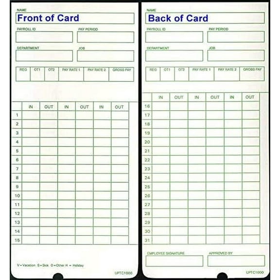 50 uPTC1000-1 Compatible Time Cards for Non-Calculating HN3000 AutoAlign Time Clock (fits HN1000, HN1500, HN3000, HN3500, HN3540, UB1000)