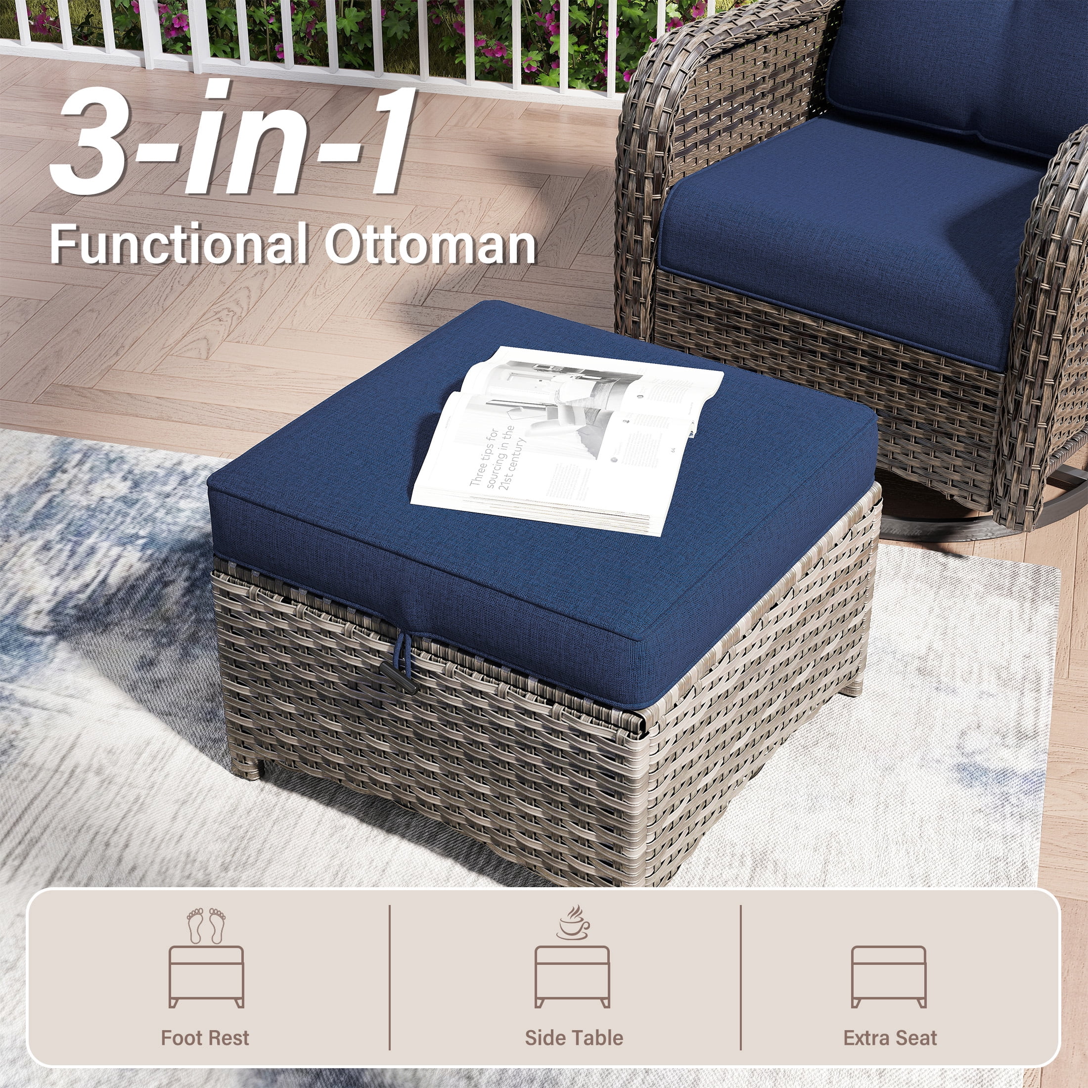 MeetLeisure 11 Piece Wicker Patio Furniture Set, Outdoor Swivel Rocker Chairs, Patio Sofa 3-Seat, High Back, Deep Seating, Wide Armrest, Thick Cushions for Deck Porch, Dark Blue