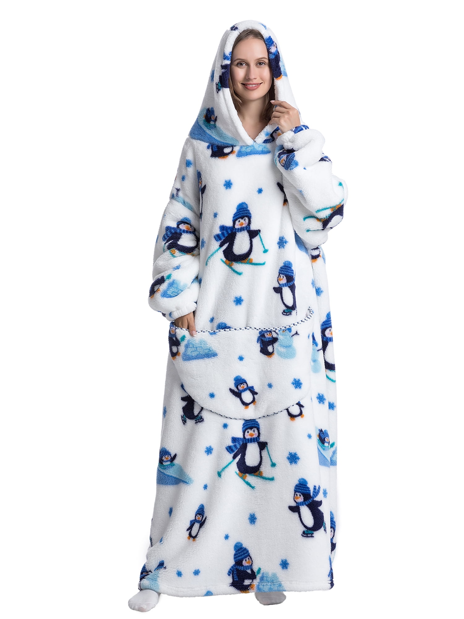 Womens Oversized Hoodie Blanket Fluffy Fleece Long Robes Cartoon Printed Blanket with Front