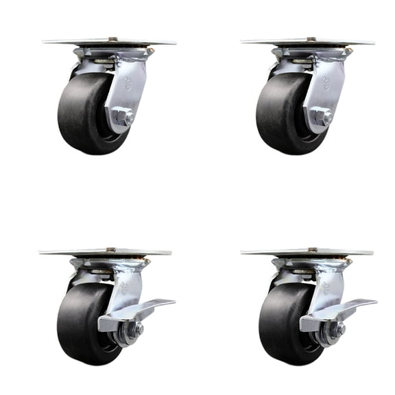 4 Inch Polyolefin Swivel Caster Set with Roller Bearings 2 Brakes Service Caster