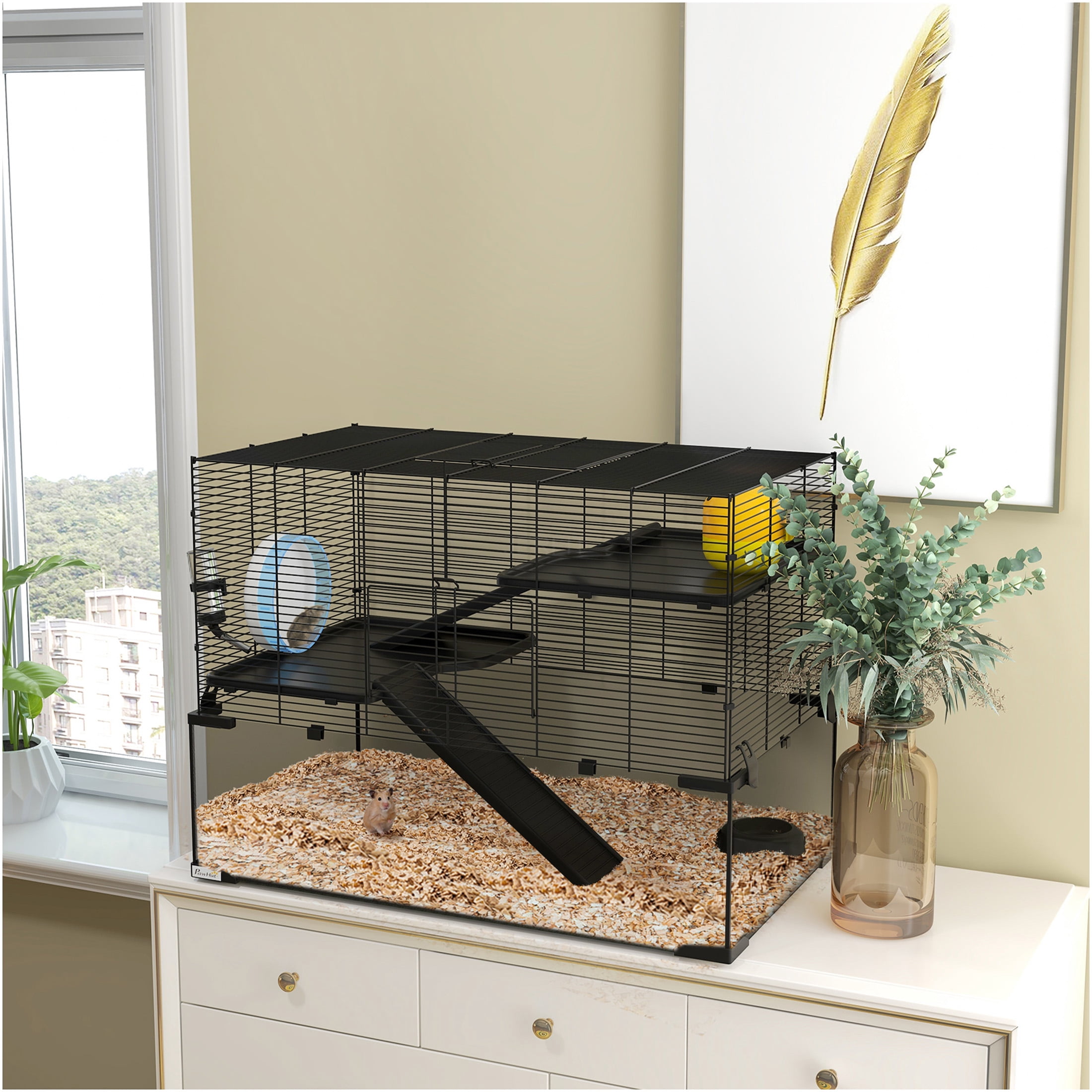 JERFIT 3-Tier Hamster Cage with Glass Base, Detachable Wheel, Water Bottle & Food Dish for Dwarf Hamsters, Gerbils, Mice - Black