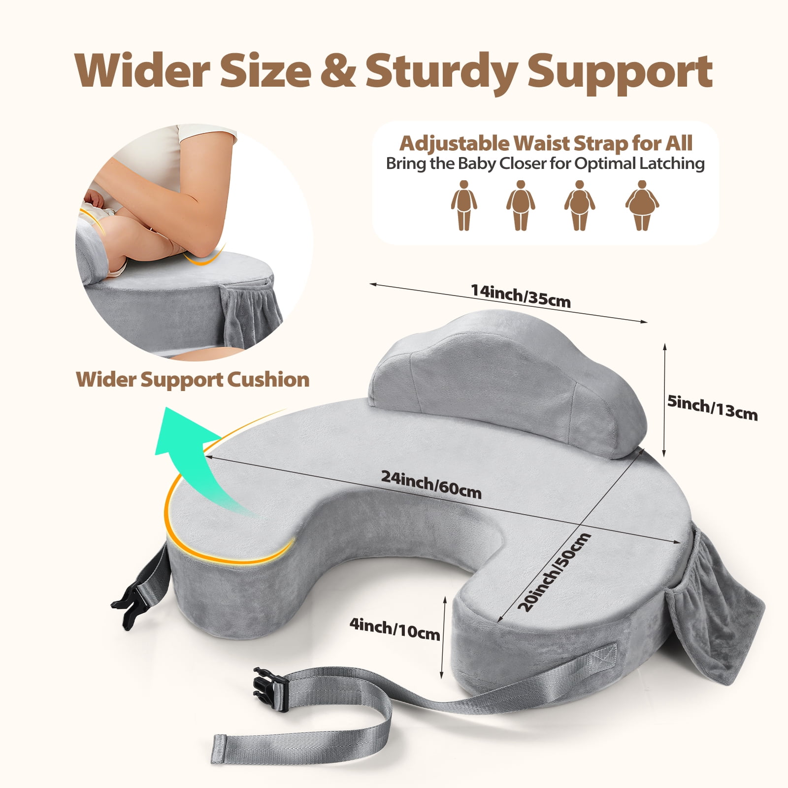 ACGROW Nursing Pillow - Memory Foam Bottle & Breastfeeding Pillow with Safety Fence - Ergonomic Support, with Wider Breast Feeding Cushion, Adjustable, Removable Cover, Baby Safety Certified Gray