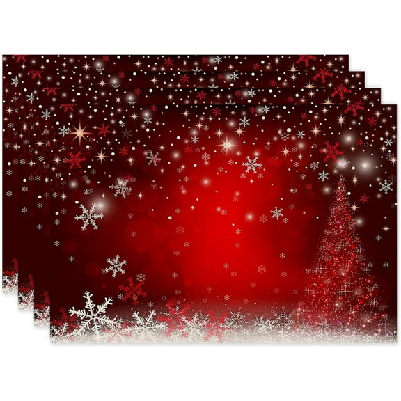 Christmas Placemats Set of 4 Washable 12 x 18 Inches Winter Placemats Red White Snowflake Table Placemats Linen Non-Slip Heat Resistant Xmas Red Table Mats for Home Holiday Party Kitchen Table Decor
