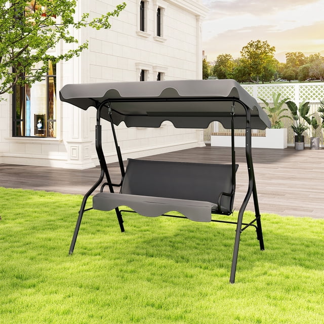 Gymax 3-Person Swing Chair Porch Swing Seat w/ Adjustable Canopy Removable Cushion Gray