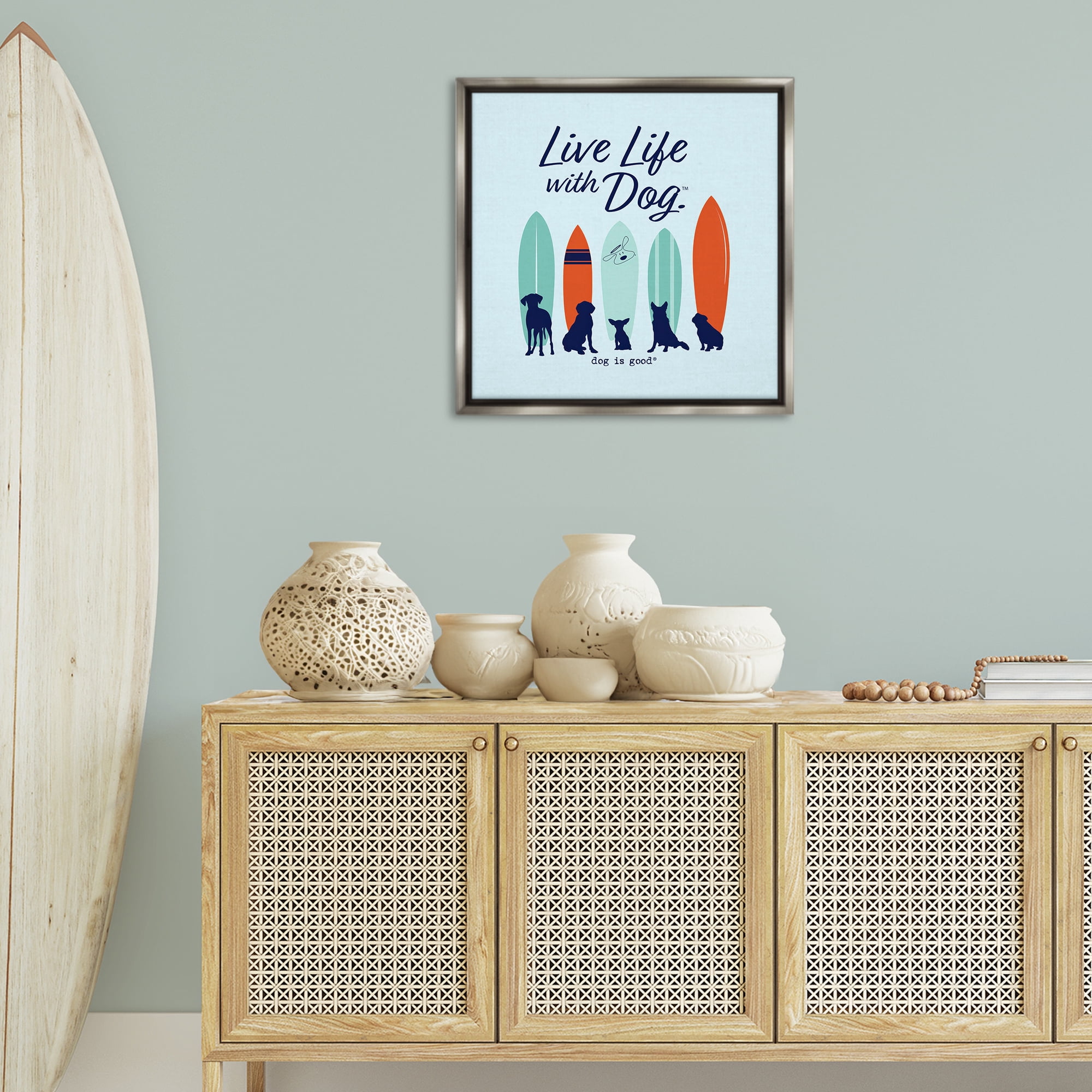 Stupell Industries Surfboards & Dogs Phrase Animals Painting Gray Floater Framed Canvas Art Print Wall Art, 25 x 25