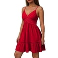 thumbnail image 4 of RYDCOT Women's Summer Dresses V Neck Spaghetti Strap Sundress Solid Color Casual Beach Flowy Mini Dress Red, 4 of 6