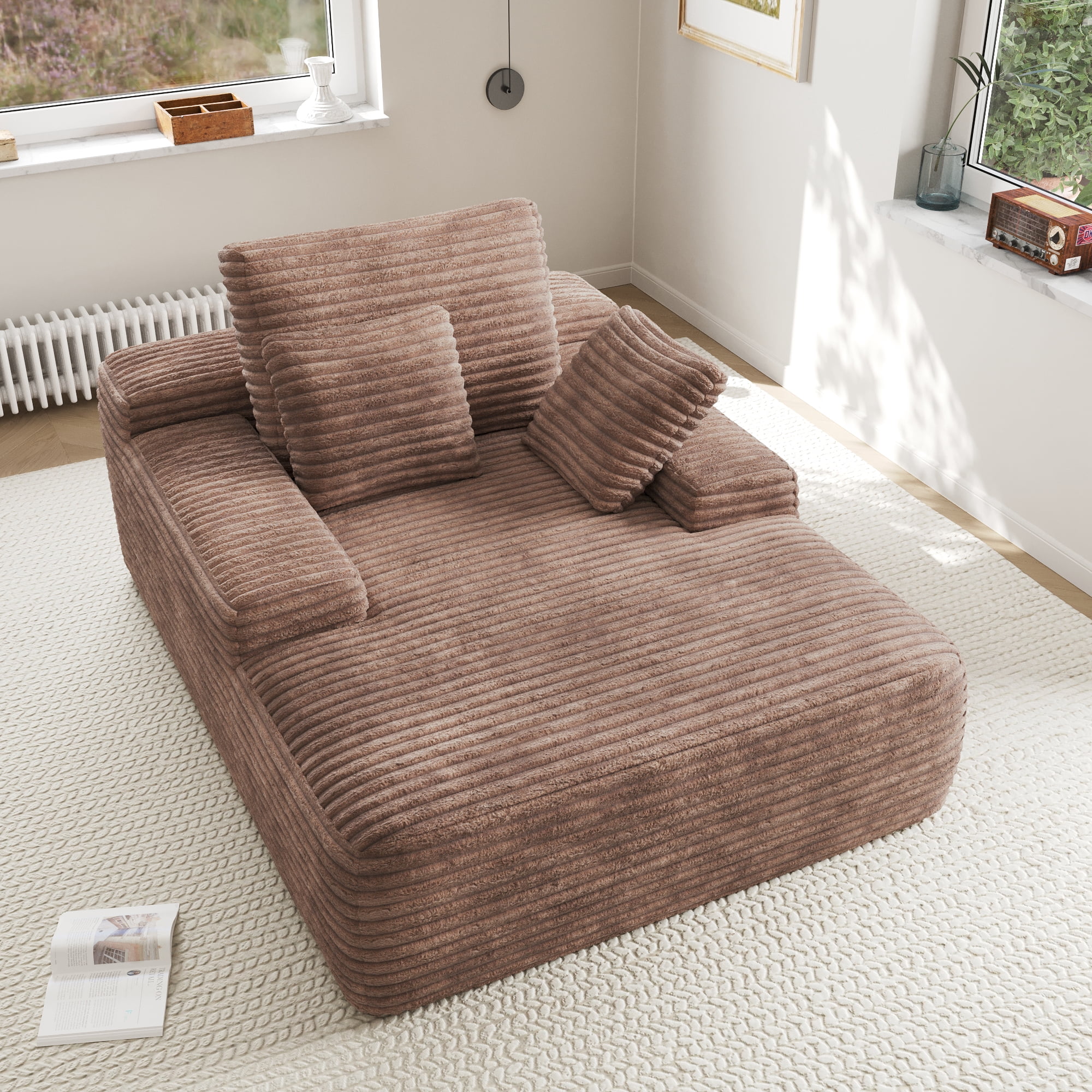 Sodrens 67" Oversized Chaise Lounge Chair Indoor,Cloud Plush Corduroy Upholstered Sofa Bed,Modern Deep Seat Sofa with Back Cushion,Pillows,Cozy Sleeper Couch for Living Room,Brown