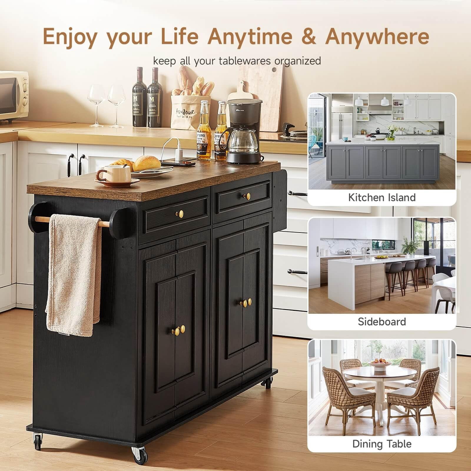 ROGALIS Mobile Kitchen Island, 58" Rolling Island Cart with Power Outlet, Island Table for Kitchen, Black
