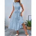 thumbnail image 4 of Women'S Ruffle Sleeve Stand Collar Maxi Dress A-Line Hem Ruffled Summer Casual Belted Dress Light Blue S, 4 of 8