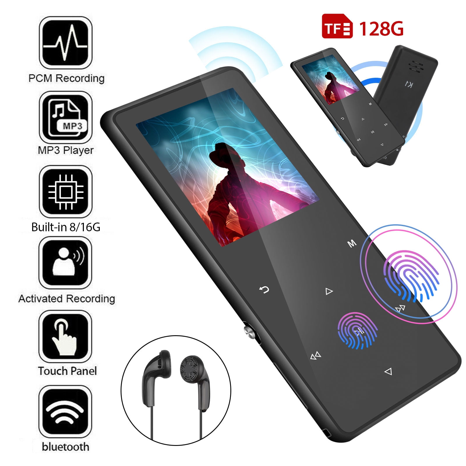TSV MP3 Player with Bluetooth 4.2, 16GB Portable HiFi Sound Mp3 Music Player with Built-in Speaker, 1.8&quot; Screen Mp4 Mp3 Player with FM Radio, Voice Recorder, E-book, Supports up to 128GB TF Card Black