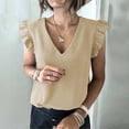 thumbnail image 2 of Womens T Shirts Short Sleeve V Neck Pullover Ruffled Edge Sleeve Solid Color Casual Top Khaki XXL, 2 of 6