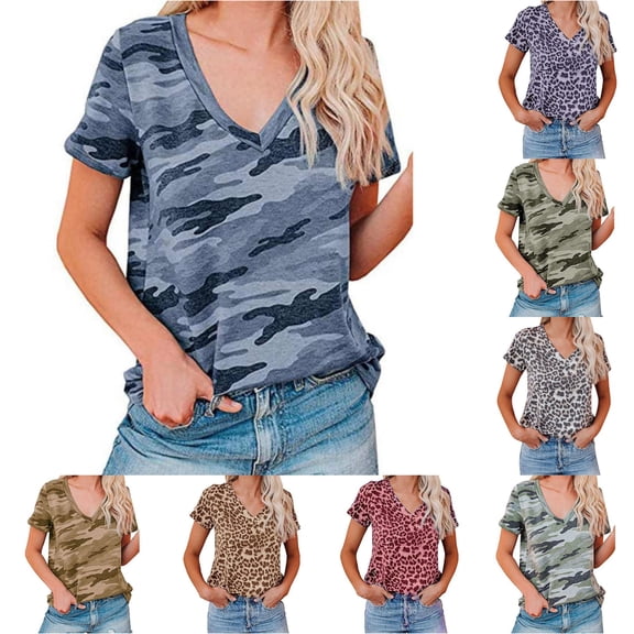xfsWaSs T Shirts for Women Casual Leopard Print Camo Print V Neck Short Sleeve T Shirt Womens Summer Tops Basic Tees T-Shirts